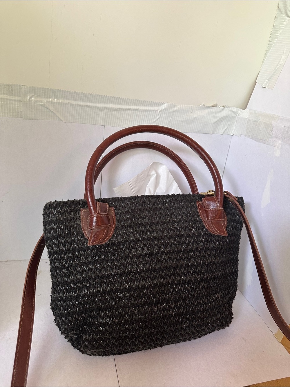 Amanda Smith Black Woven Crossbody Tote with Brown Leather Handles